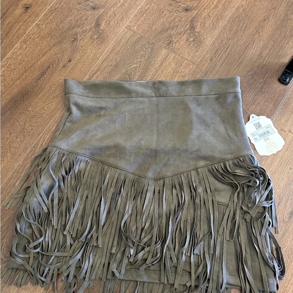 Sebby Olive Fringe Mini Skirt
